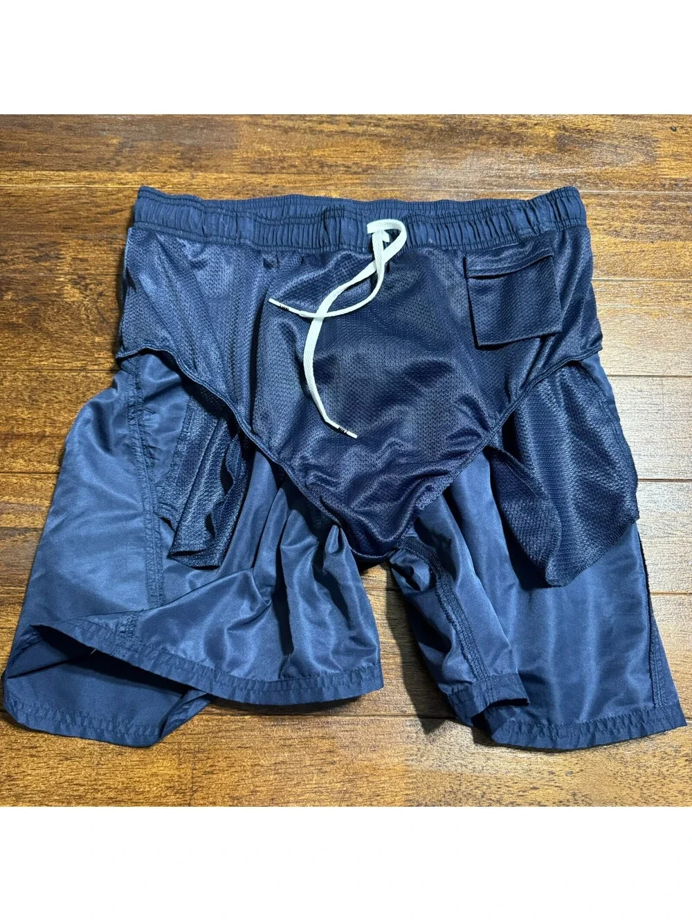Y2K Nike Mens Swim Shorts Navy Board Shorts Mesh Lined Trunk Sz L Logo Pockets